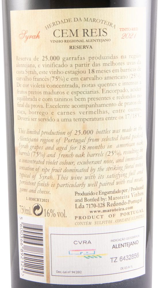 2021 Herdade da Maroteira Cem Reis Syrah Reserva tinto