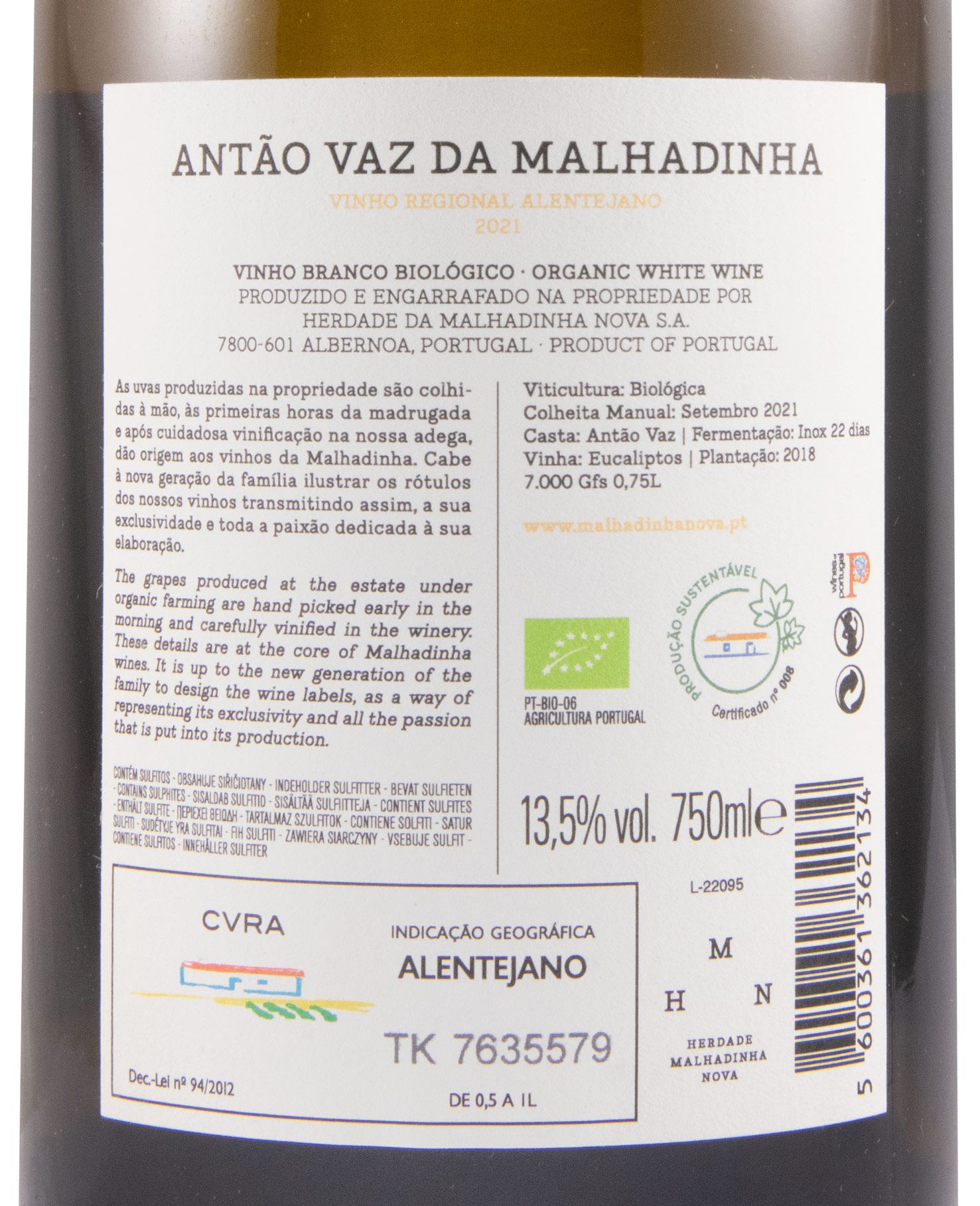 2021 Antão Vaz da Malhadinha Vinha dos Eucaliptos organic white