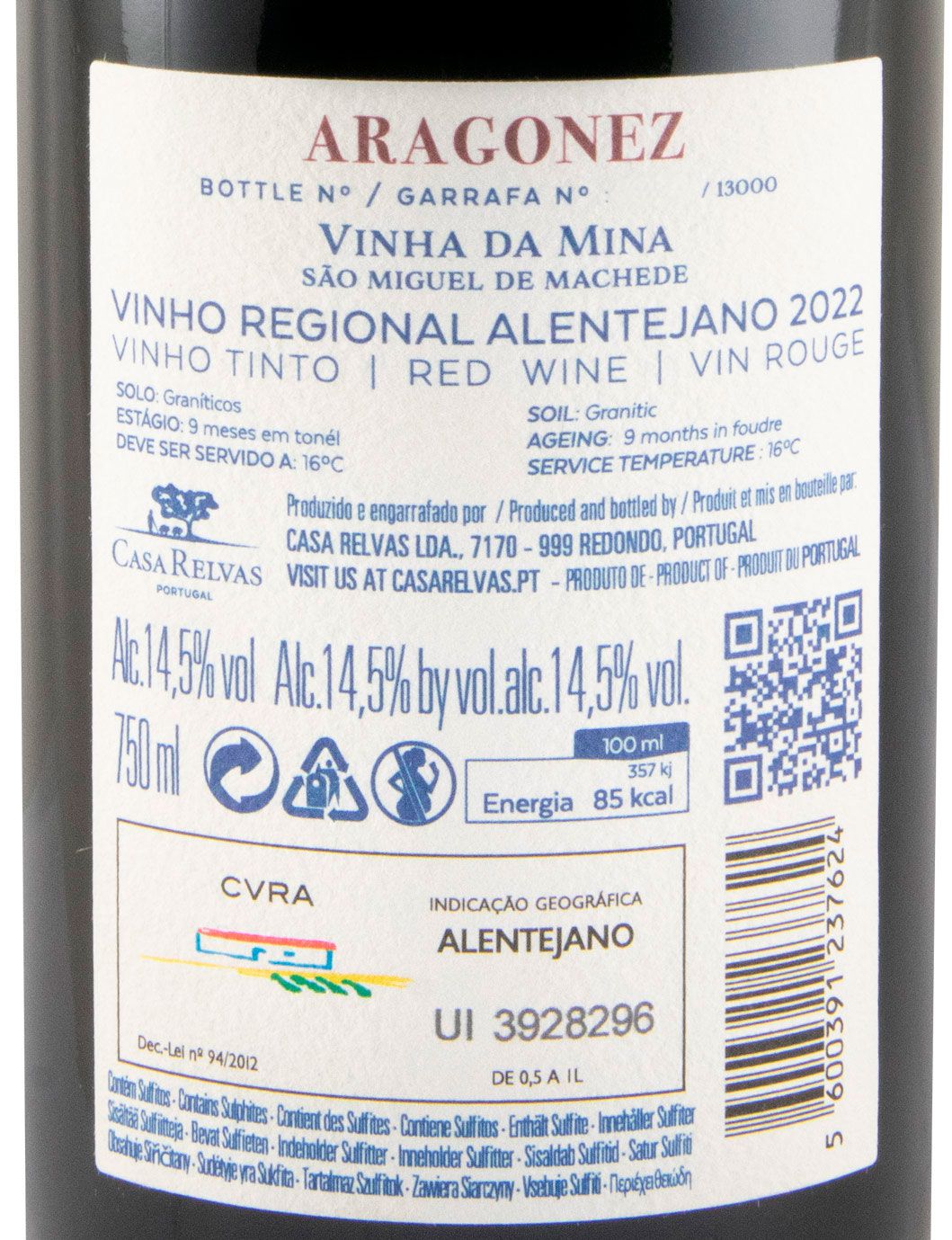 2022 Casa Relvas Vinha da Mina Aragonez red (damaged label)