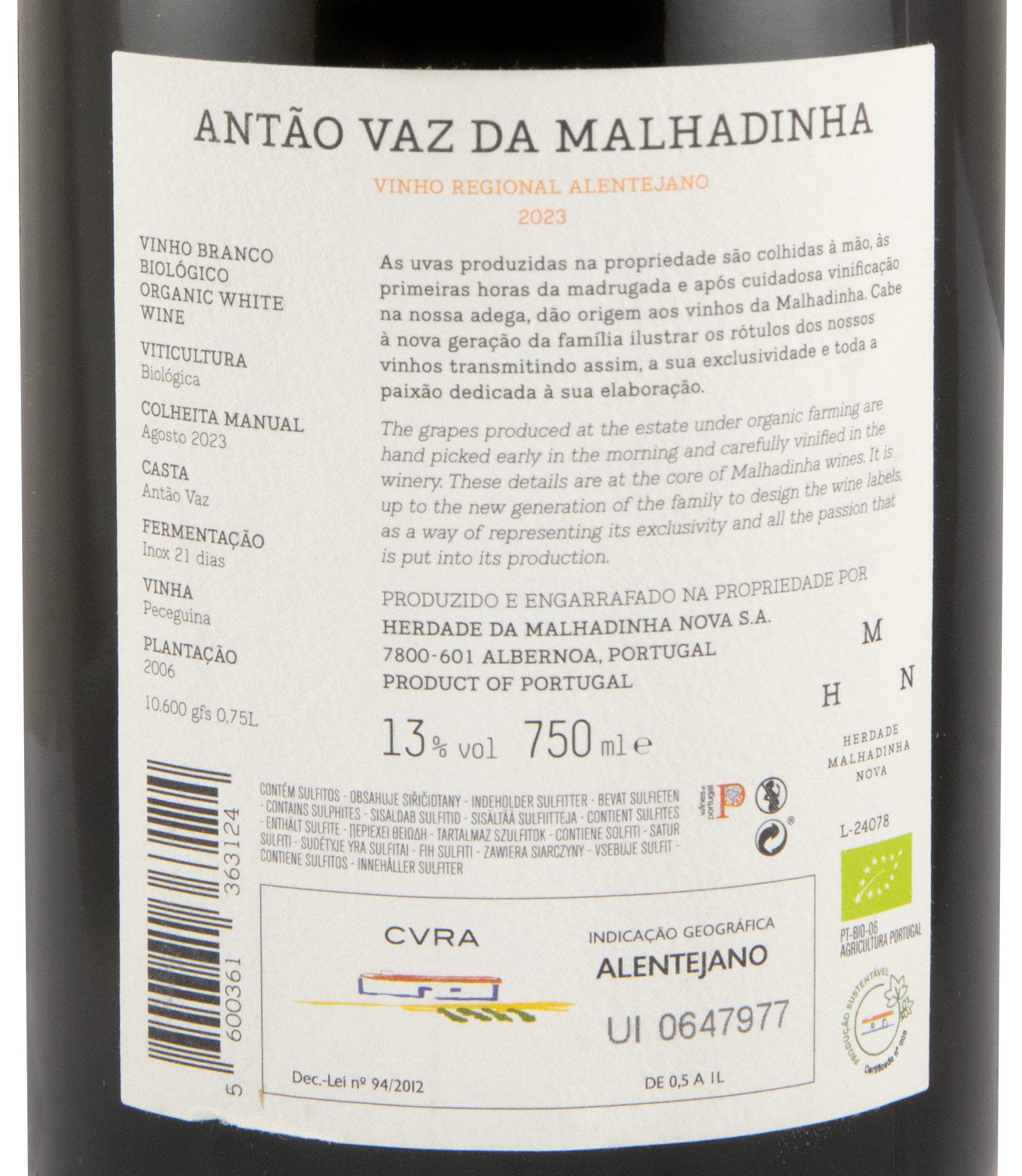 2023 Antão Vaz da Malhadinha Vinha da Peceguina organic white