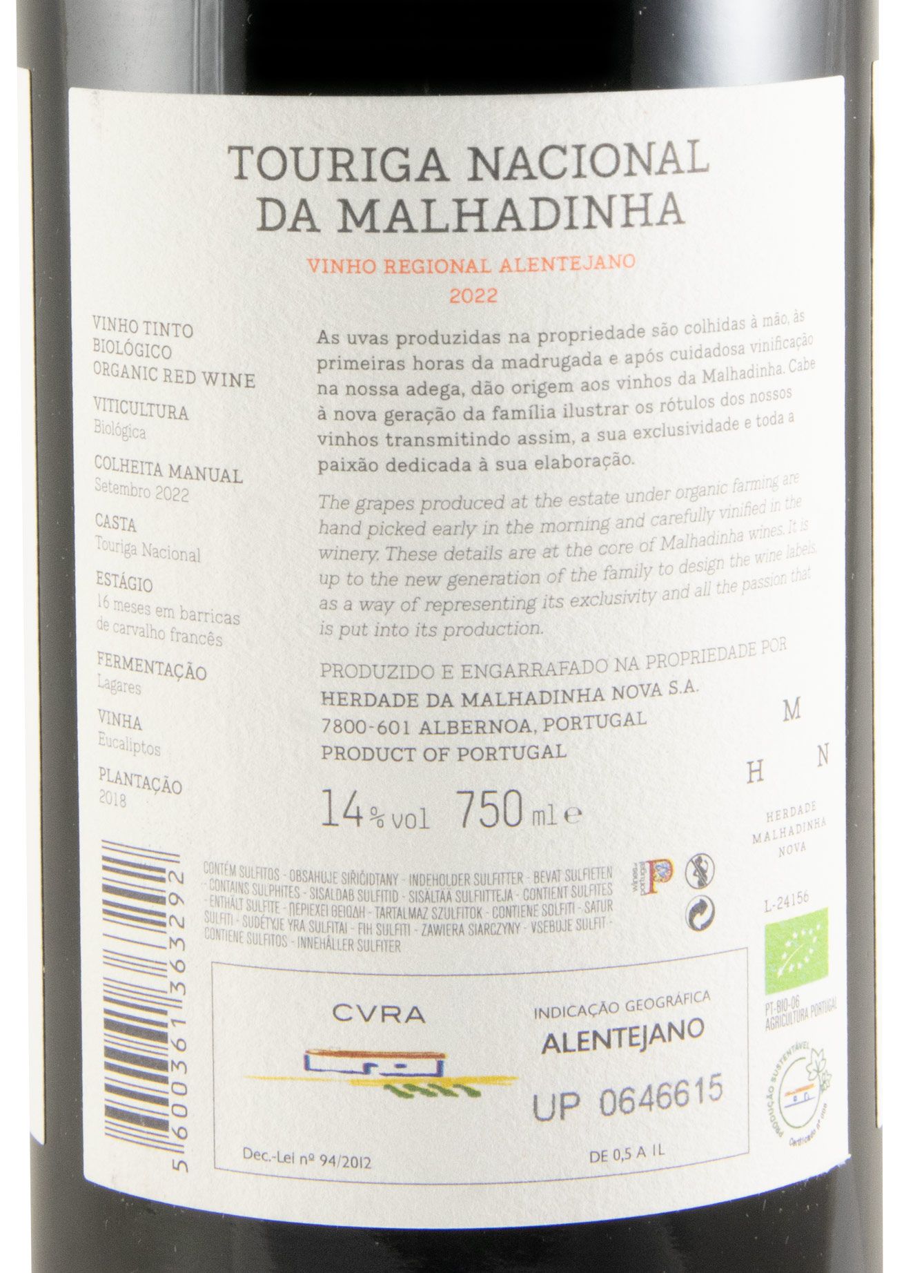 2022 Touriga Nacional da Malhadinha Vinha dos Eucaliptos biológico tinto