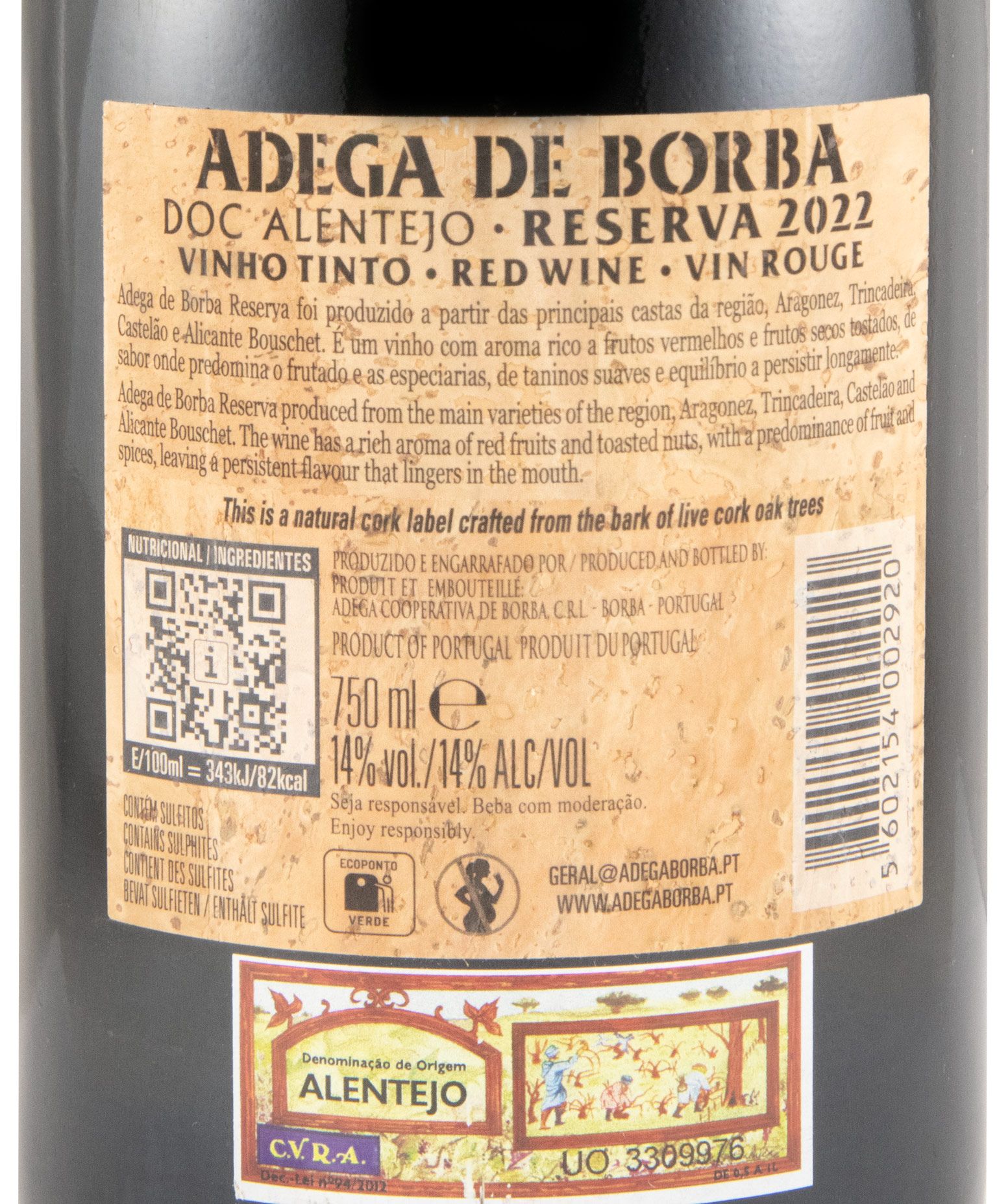 2022 Borba Reserva tinto (rótulo de cortiça)