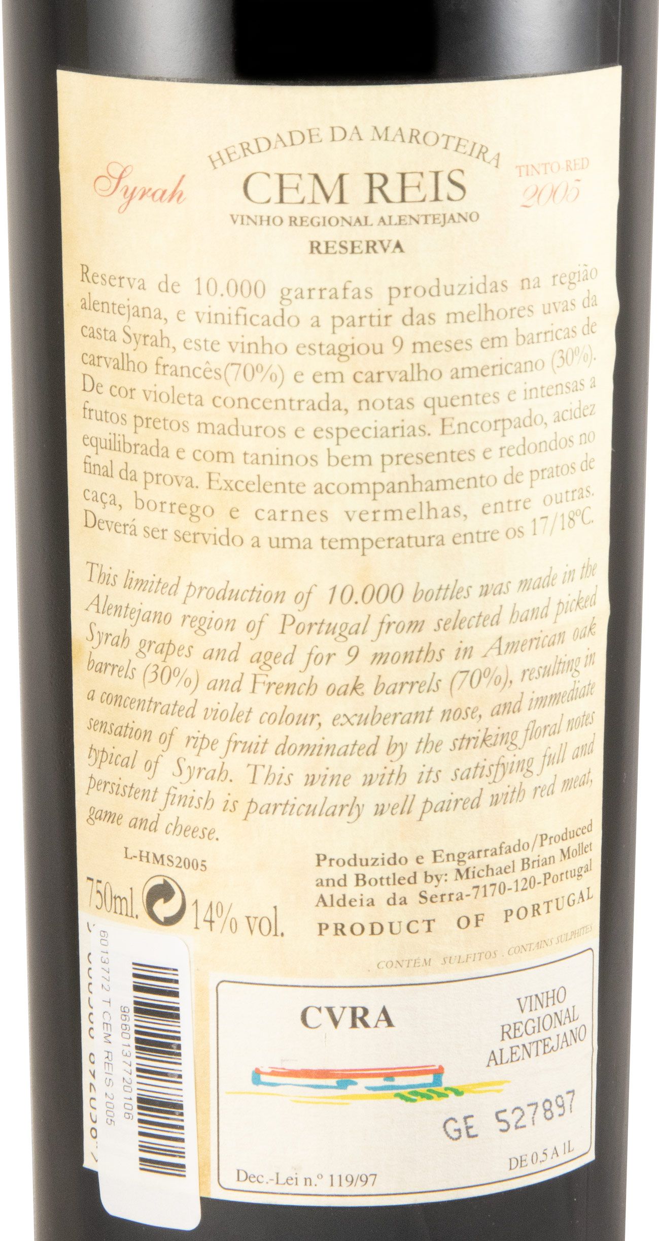 2005 Herdade da Maroteira Cem Reis Syrah Reserva tinto