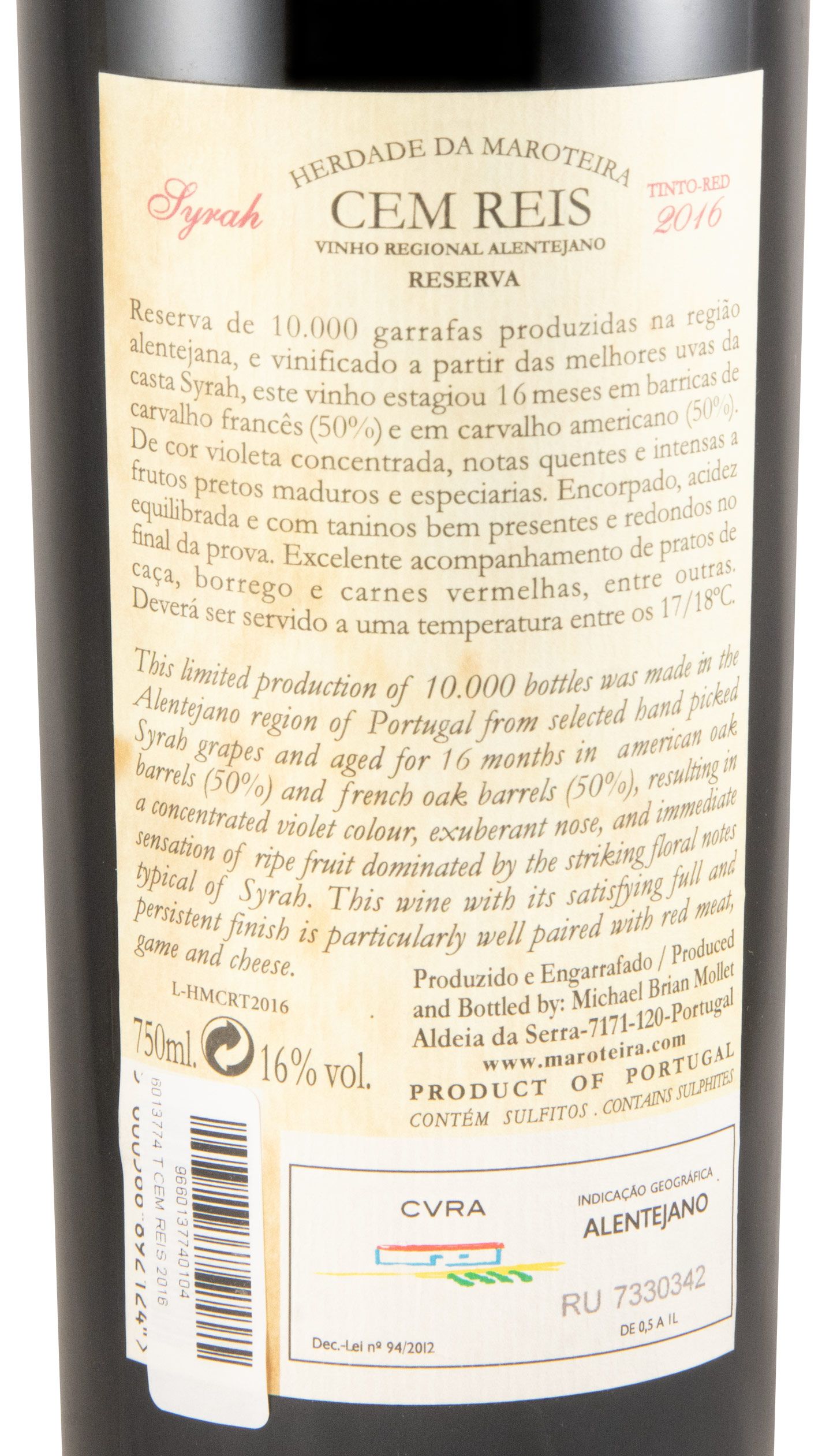 2016 Herdade da Maroteira Cem Reis Syrah Reserva tinto