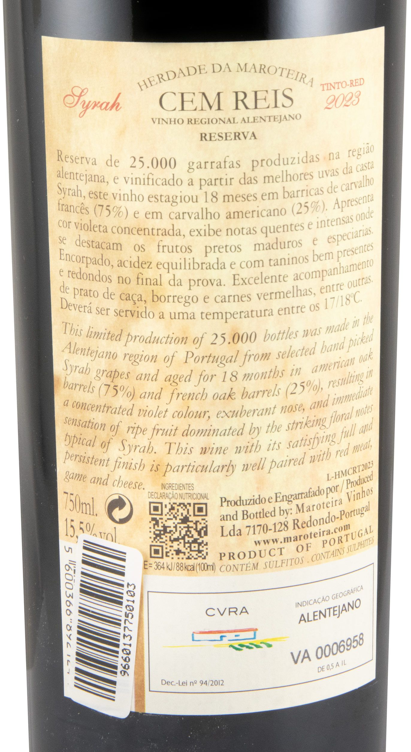 2023 Herdade da Maroteira Cem Reis Syrah Reserva tinto
