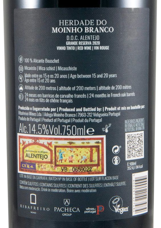 2020 Herdade do Moinho Branco Alicante Bouschet Grande Reserva tinto (rótulo danificado)