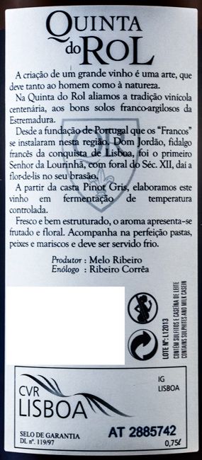 2012 Quinta do Rol Pinot Gris branco