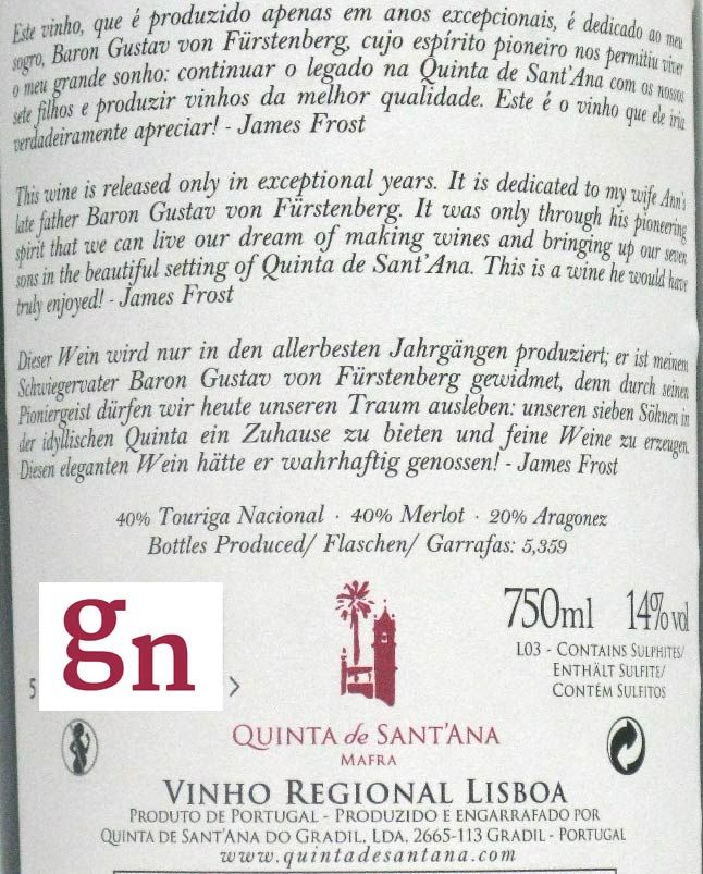 2010 Quinta de Sant'Ana Homenagem Baron Furstenberg Tinto
