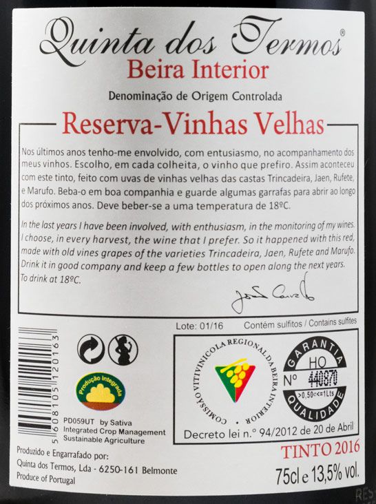 2016 Quinta dos Termos Vinhas Velhas Reserva tinto
