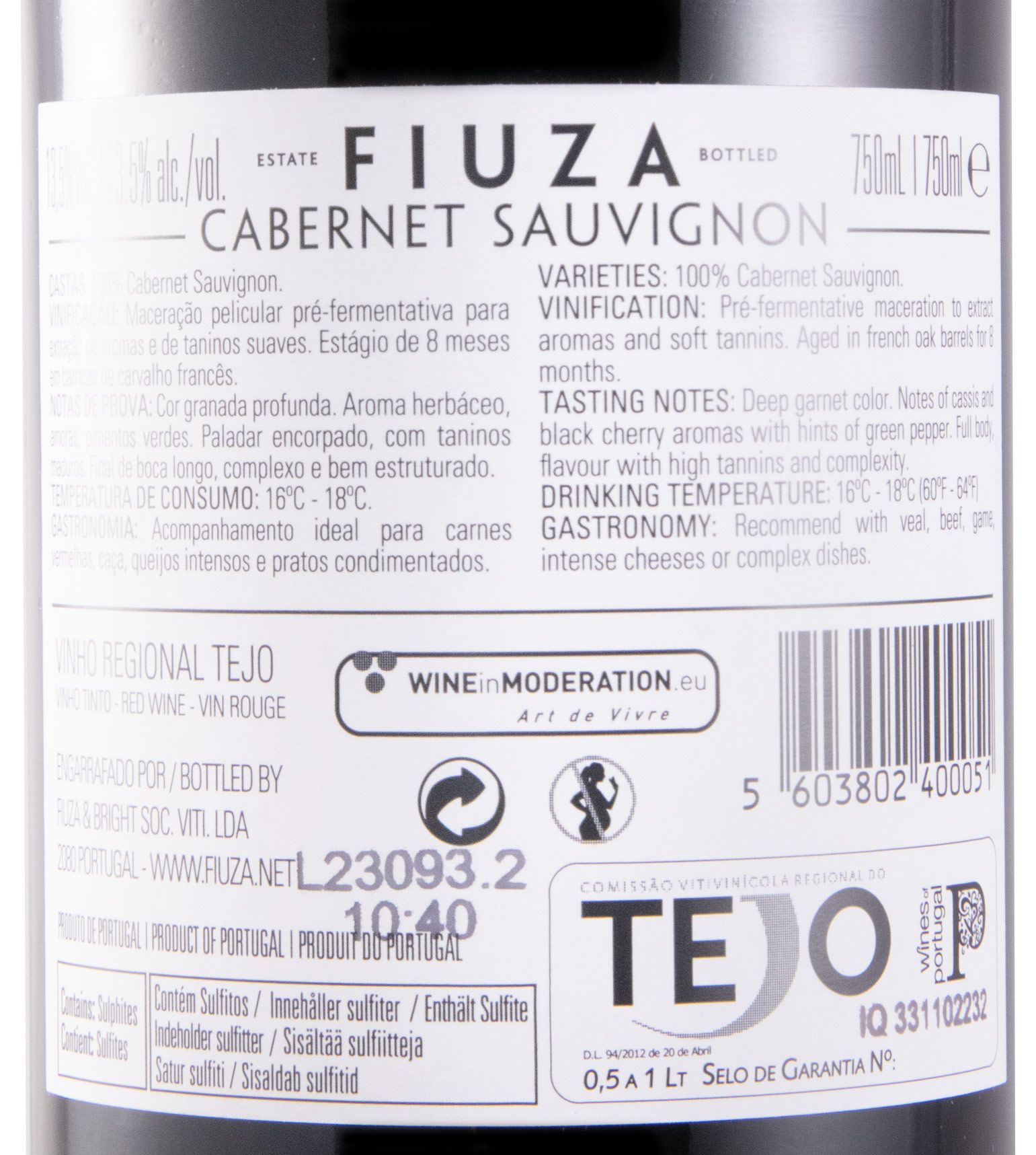 2022 Fiuza Cabernet Sauvignon tinto (rótulo danificado)