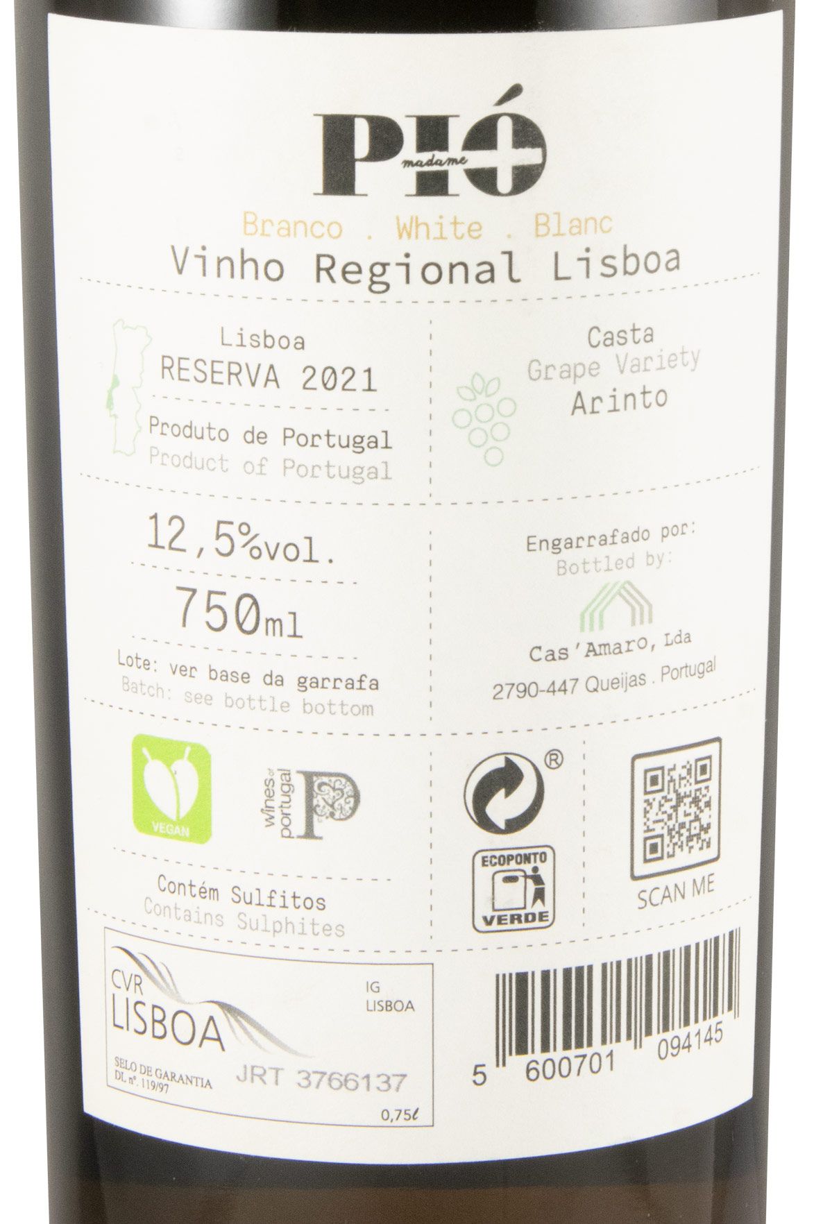 2021 Madame Pió Arinto Reserva branco (rótulo danificado)