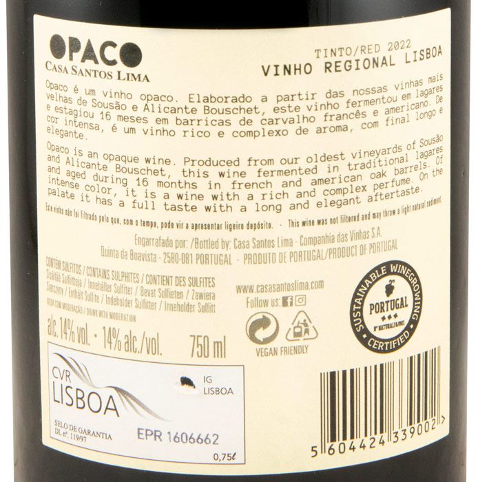 2022 Casa Santos Lima Opaco tinto (rótulo danificado)