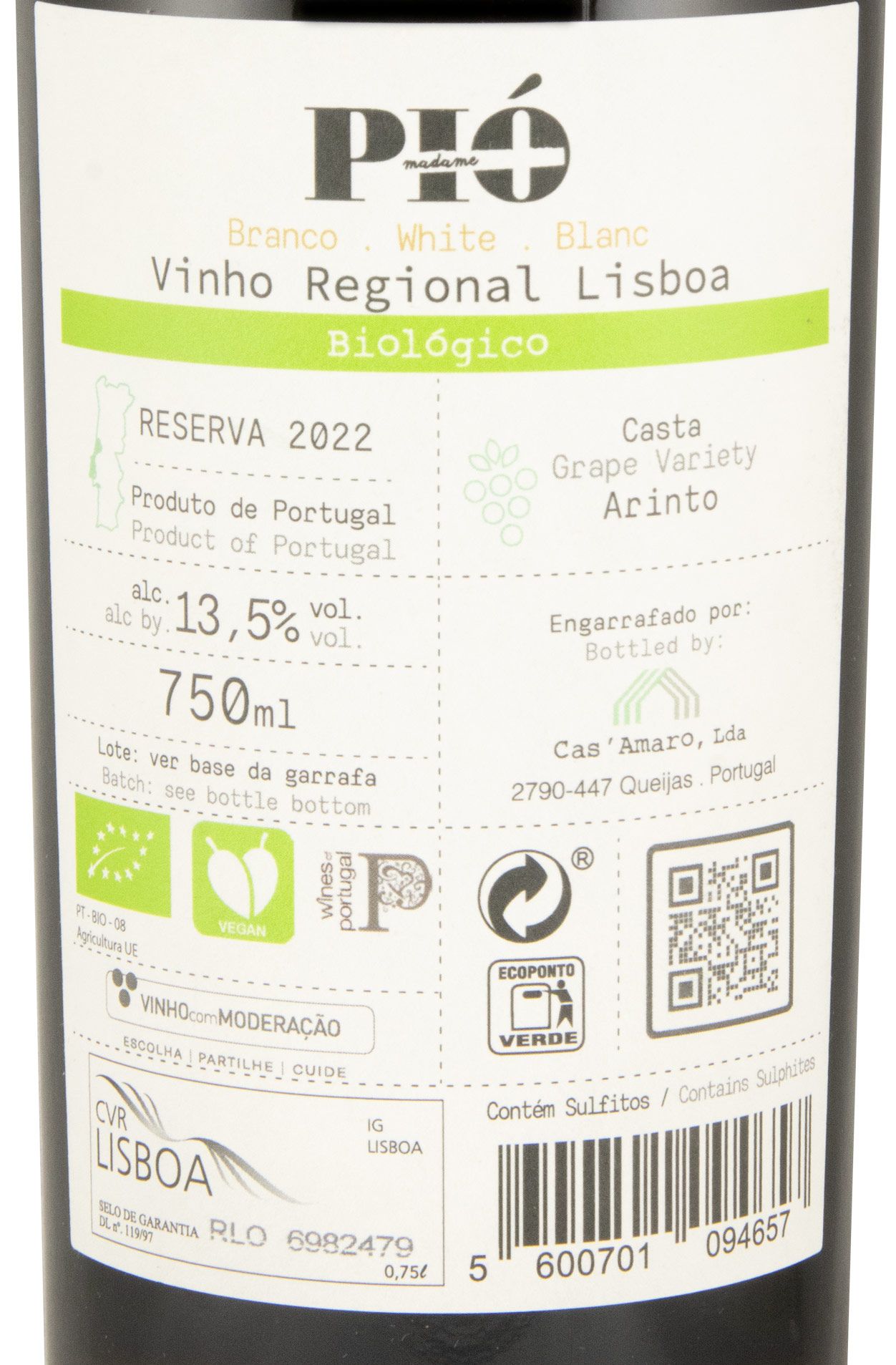 2022 Madame Pió Arinto Reserva biológico branco