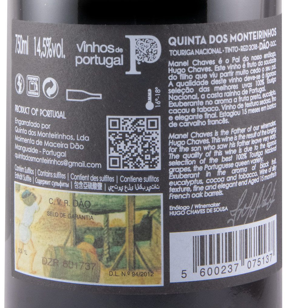 2018 Quinta dos Monteirinhos Manel Chaves Touriga Nacional Reserva red