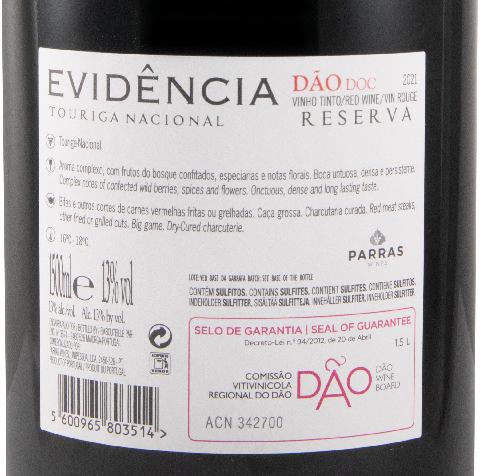 2021 Evidência Touriga Nacional Reserva tinto 1,5L