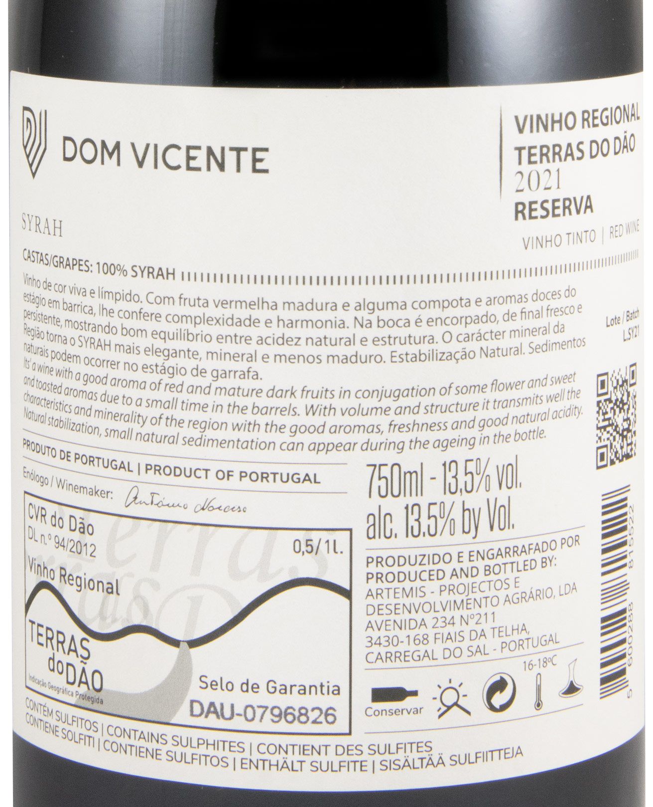 2021 Dom Vicente Syrah Reserva tinto