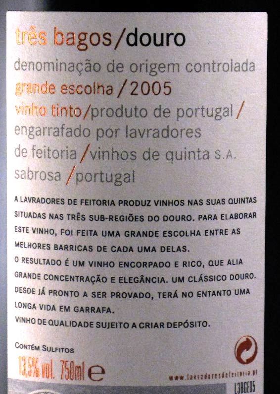 2005 Lavradores da Feitoria Três Bagos Estágio Prolongado Grande Escolha red