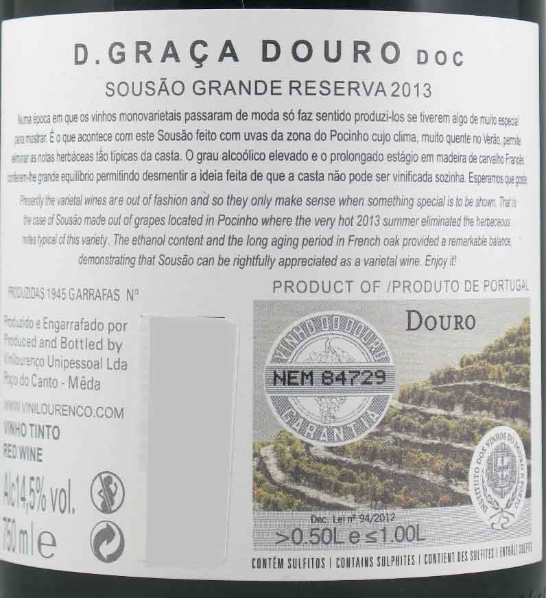 2013 D. Graça Sousão Grande Reserva red
