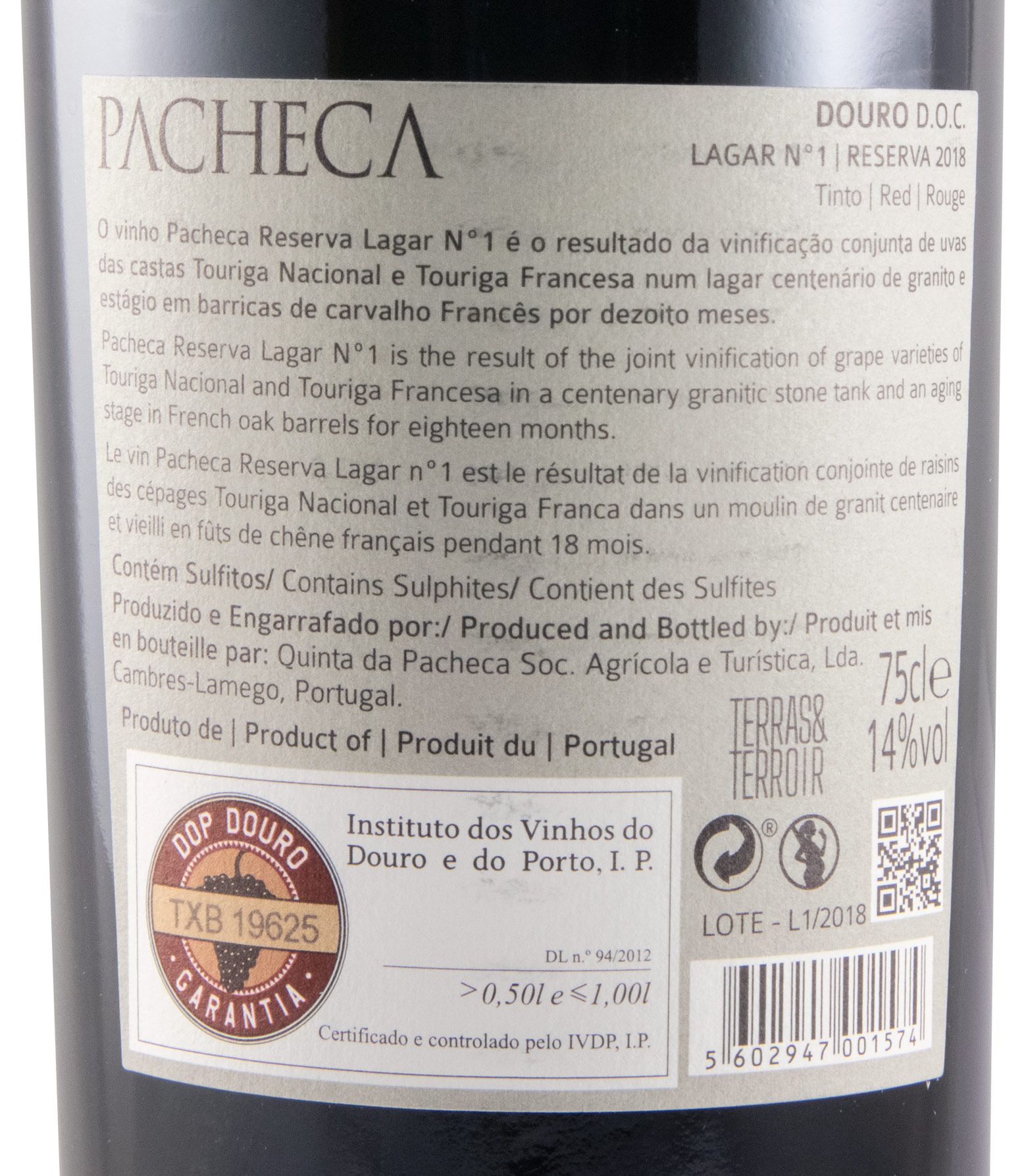 2018 Pacheca Lagar N.º 1 Reserva tinto