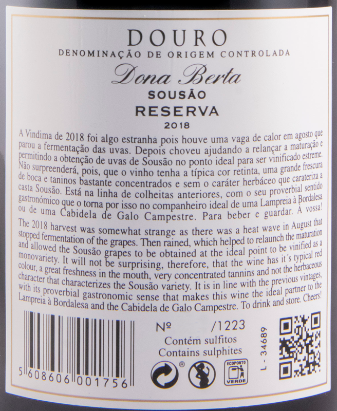2018 Dona Berta Sousão Reserva tinto