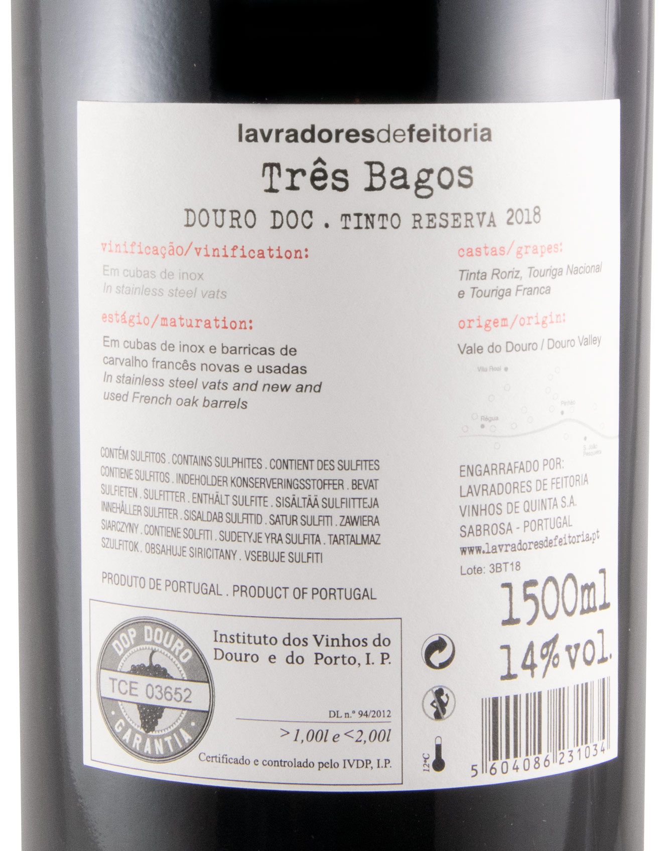 2018 Lavradores de Feitoria Três Bagos Reserva tinto 1,5L
