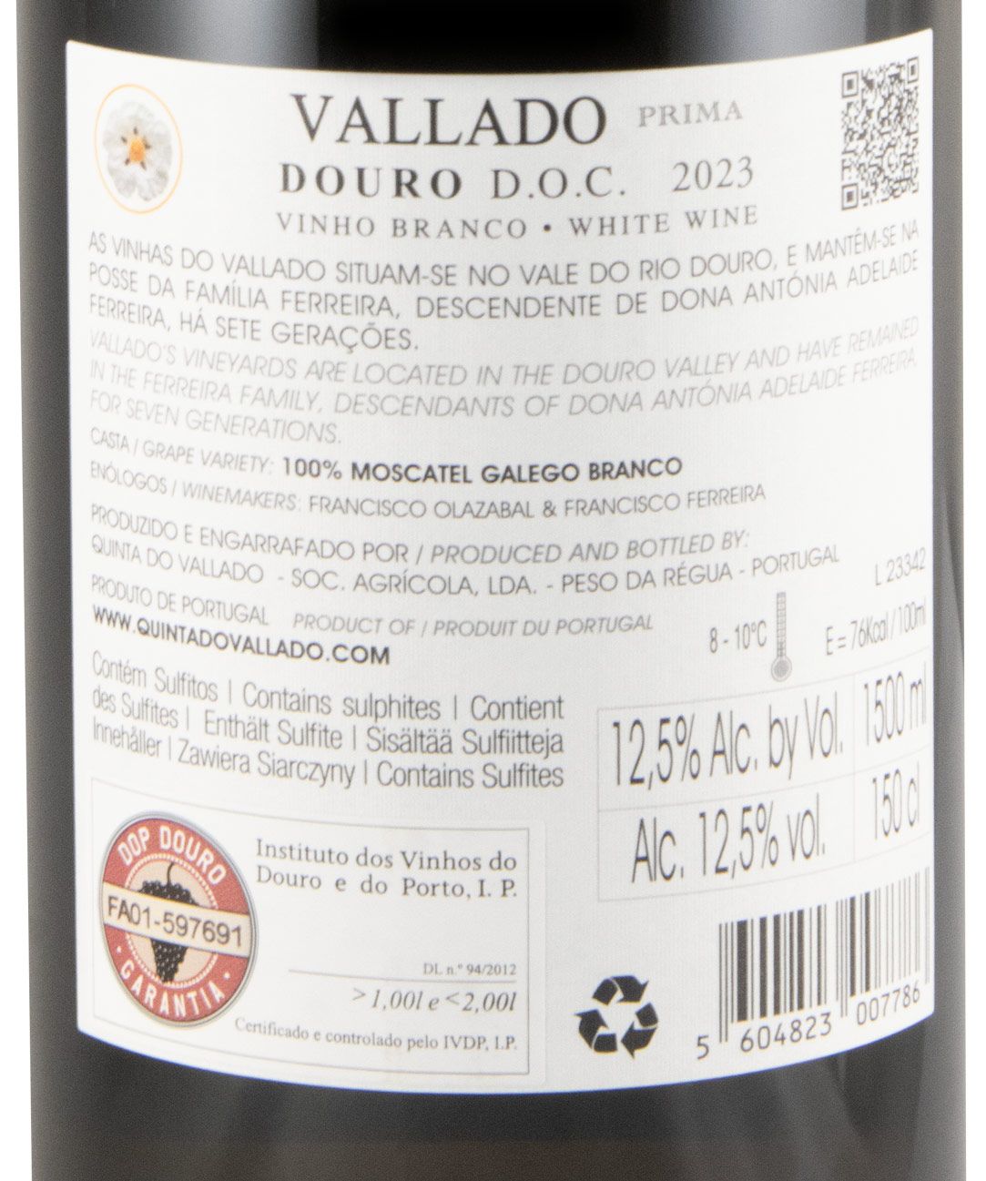 2023 Vallado Prima Moscatel Galego branco 1,5L (rótulo danificado)