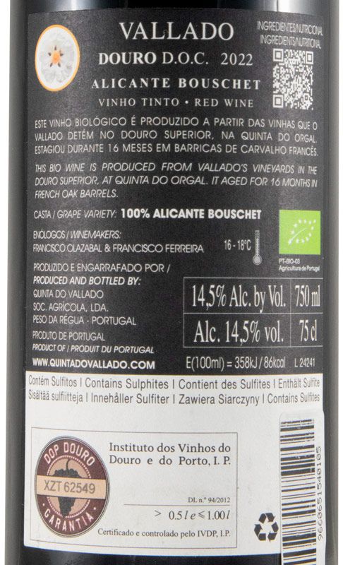 2022 Vallado Alicante Bouschet biológico tinto