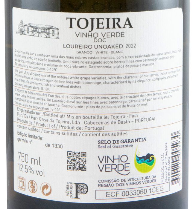 2022 Tojeira Unoaked Loureiro branco