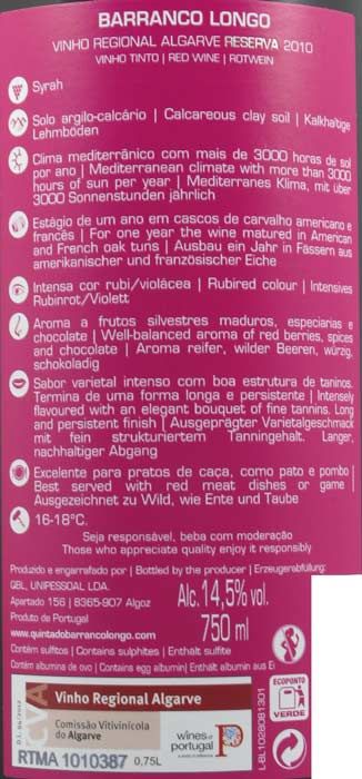 2010 Barranco Longo Syrah tinto