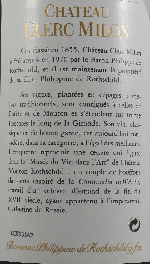 1996 Baron Philippe De Rothschild Château Clerc Milon tinto