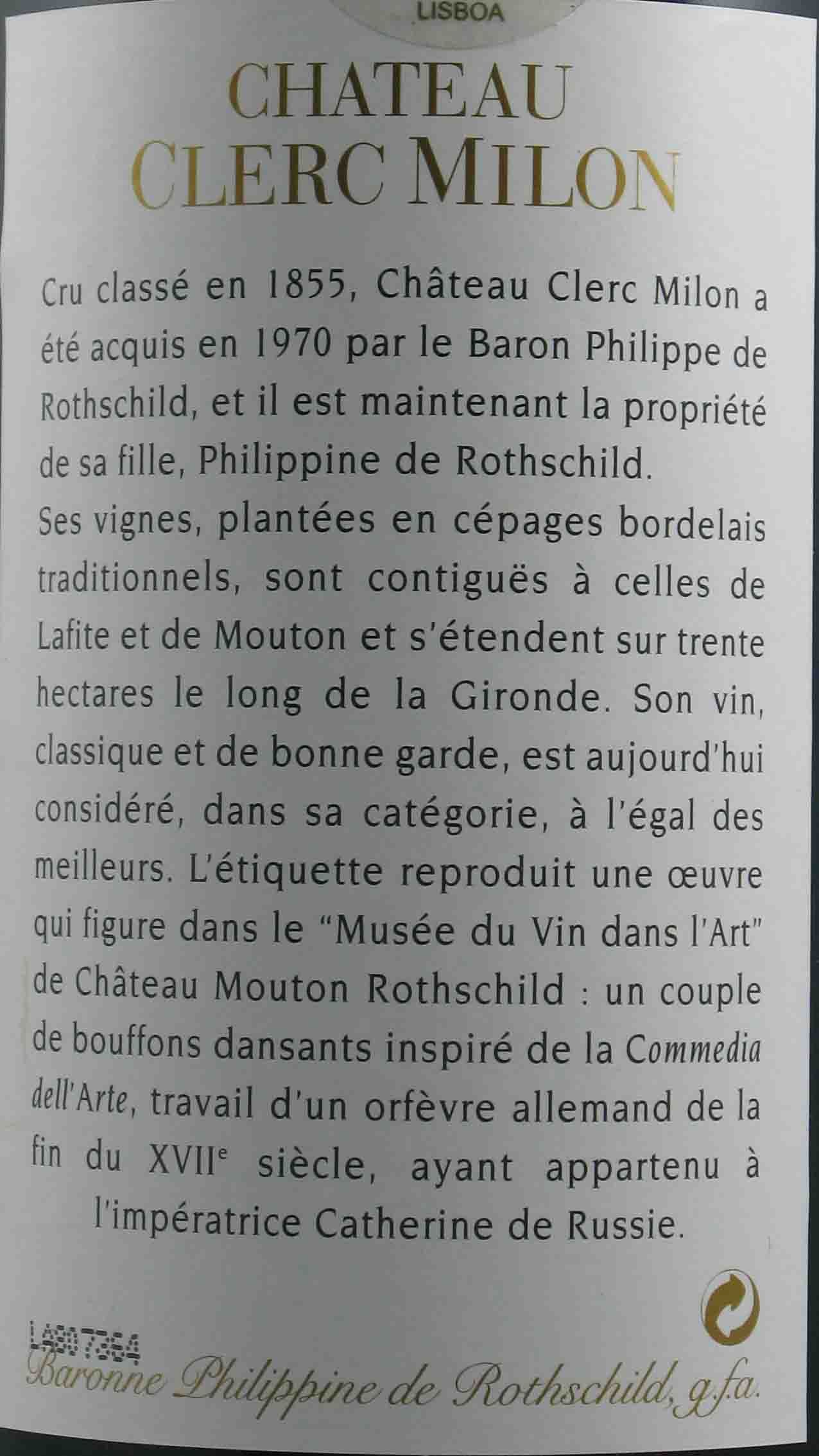 1999 Baron Philippe De Rothschild Château Clerc Milon tinto