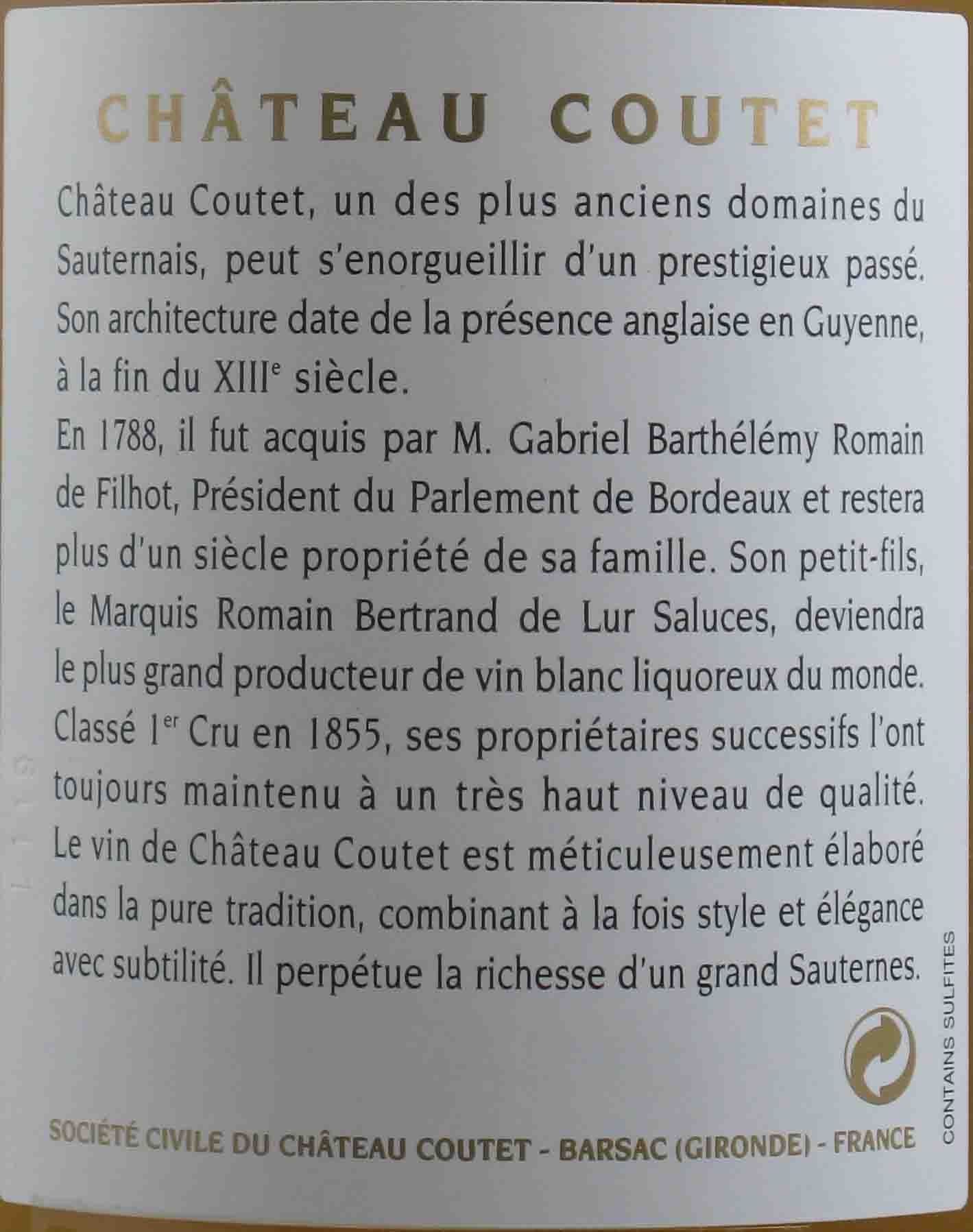 2005 Château Coutet 1er Cru Sauternes branco