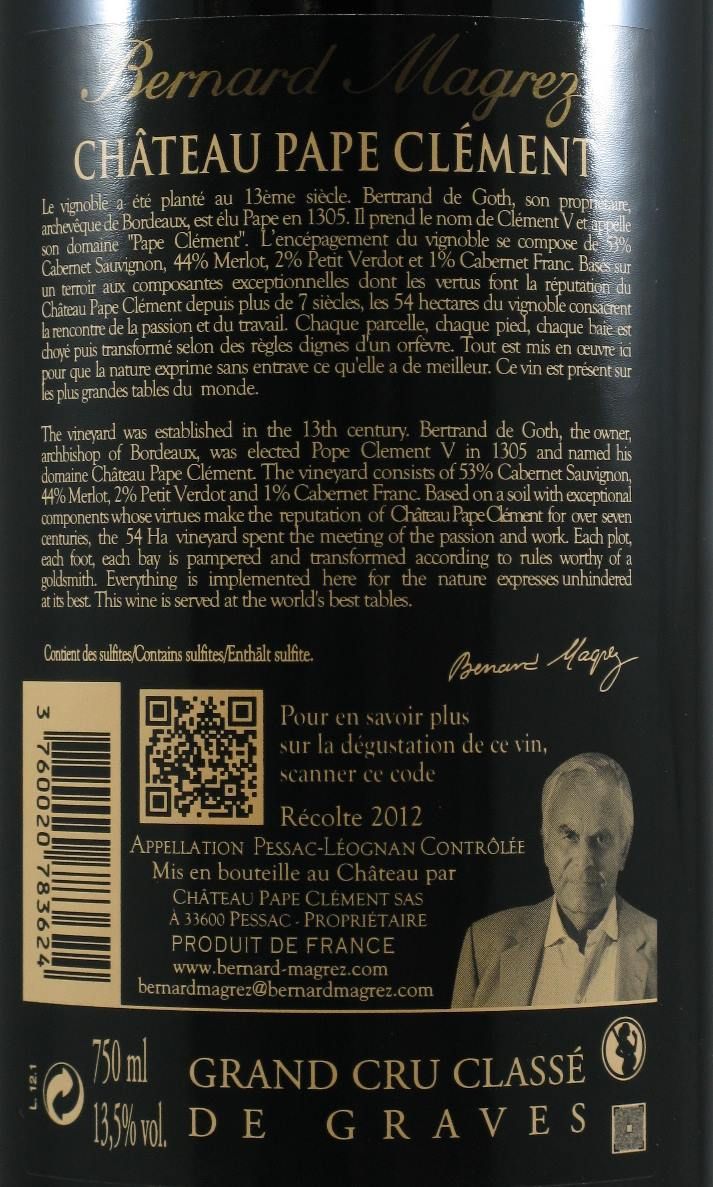 2012 Château Pape Clément Pessac-Léognan tinto