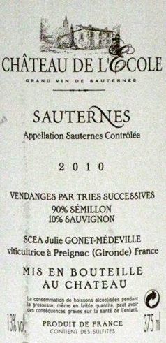 2010 Château de L'Ecole Sauternes branco 37,5cl