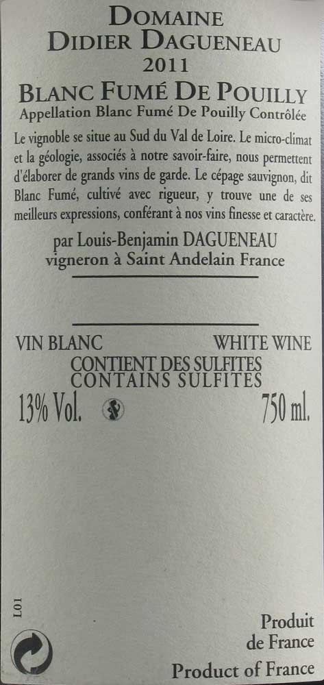 2011 Domaine Didier Dagueneau Buisson Renard Pouilly-Fumé branco