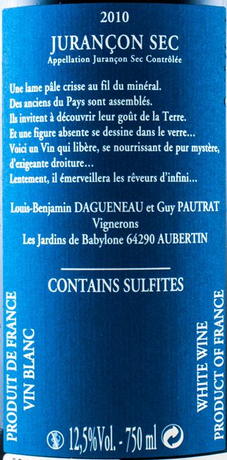 2010 Loius-Benjamin Dagueneau & Guy Pautrat Les Jardins de Babylone Jurançon white