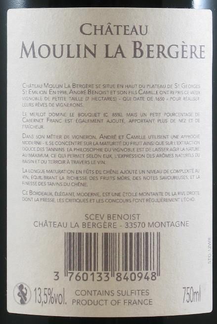 2012 Château Moulin La Bergere Saint-Georges-Saint-Emillion tinto