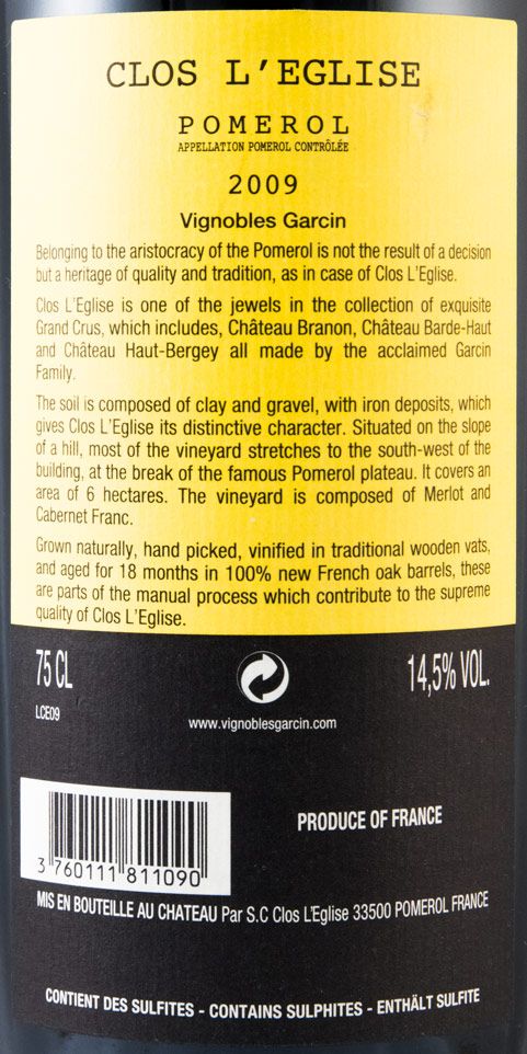 2009 Clos L'Eglise Pomerol tinto
