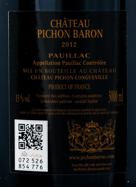 2012 Château Pichon-Longueville au Baron de Pichon-Longueville Pauillac tinto 3L
