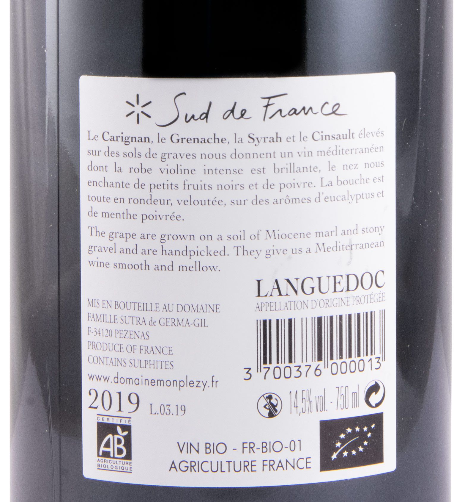 2019 Domaine Monplézy Plaisirs Languedoc organic red