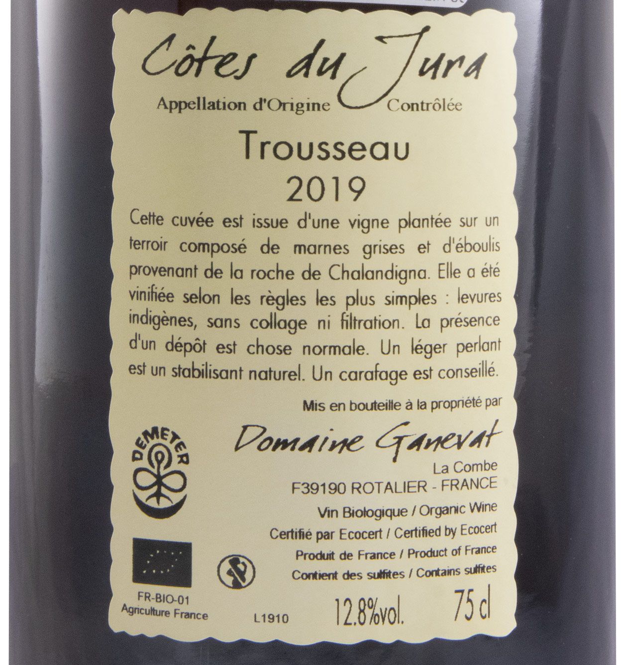 2019 Jean-François Ganevat Plein Sud Trousseau Côtes du Jura biológico tinto