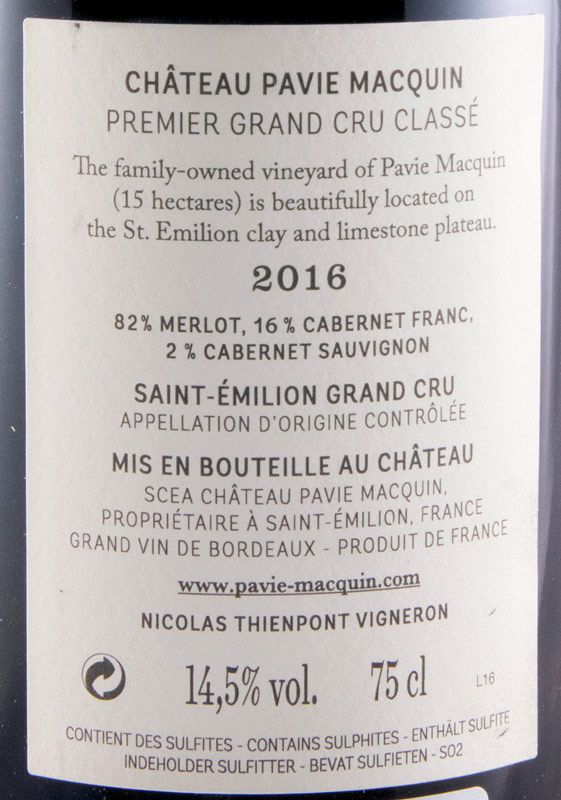 2016 Château Pavie Macquin Saint-Émilion tinto