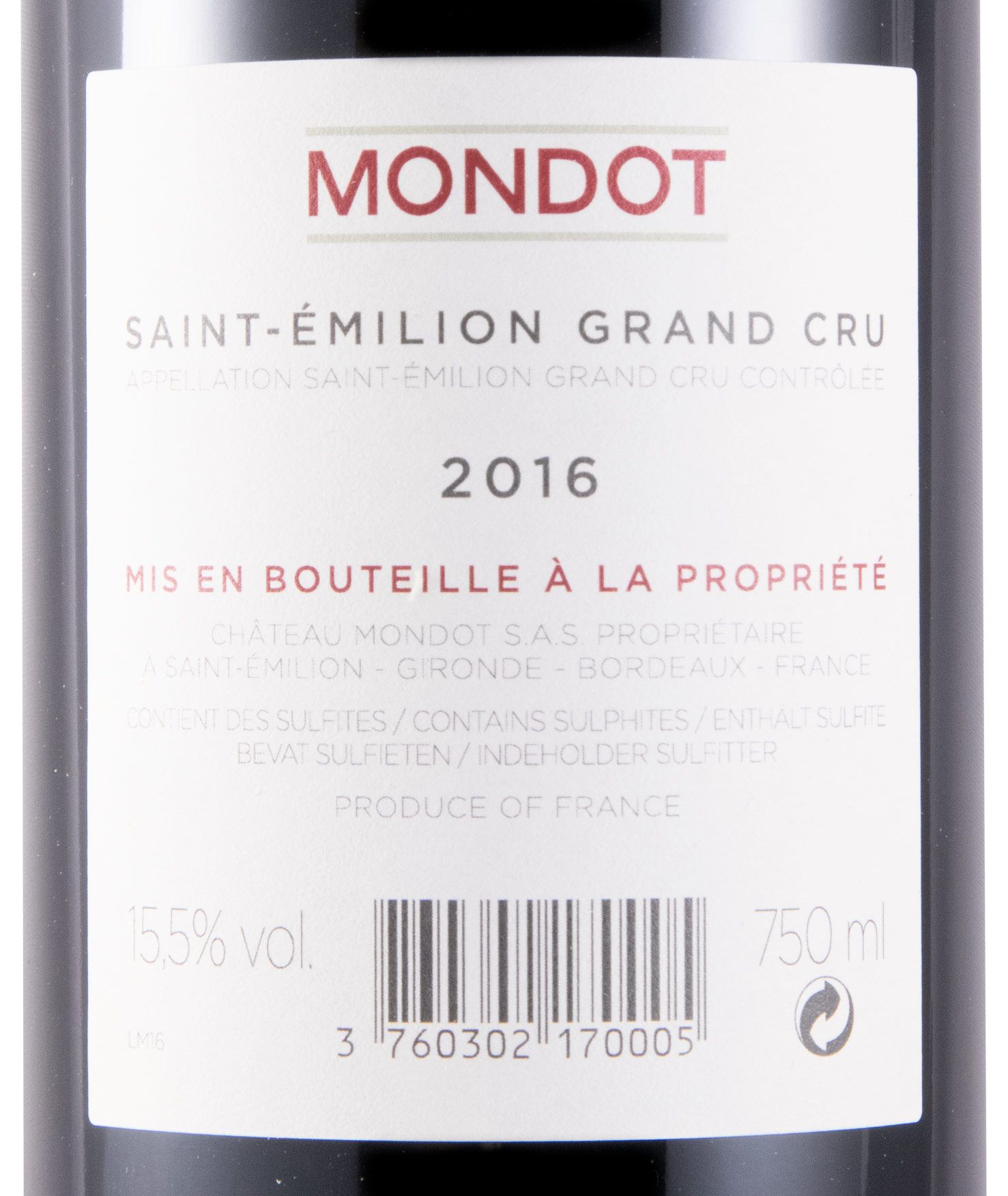 2016 Mondot Saint-Émilion tinto
