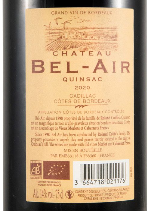 2020 Château Bel-Air Quinsac Côtes de Bordeaux biológico tinto