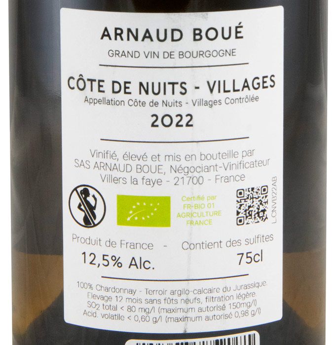2022 Arnaud Boué Côte de Nuits-Villages biológico branco