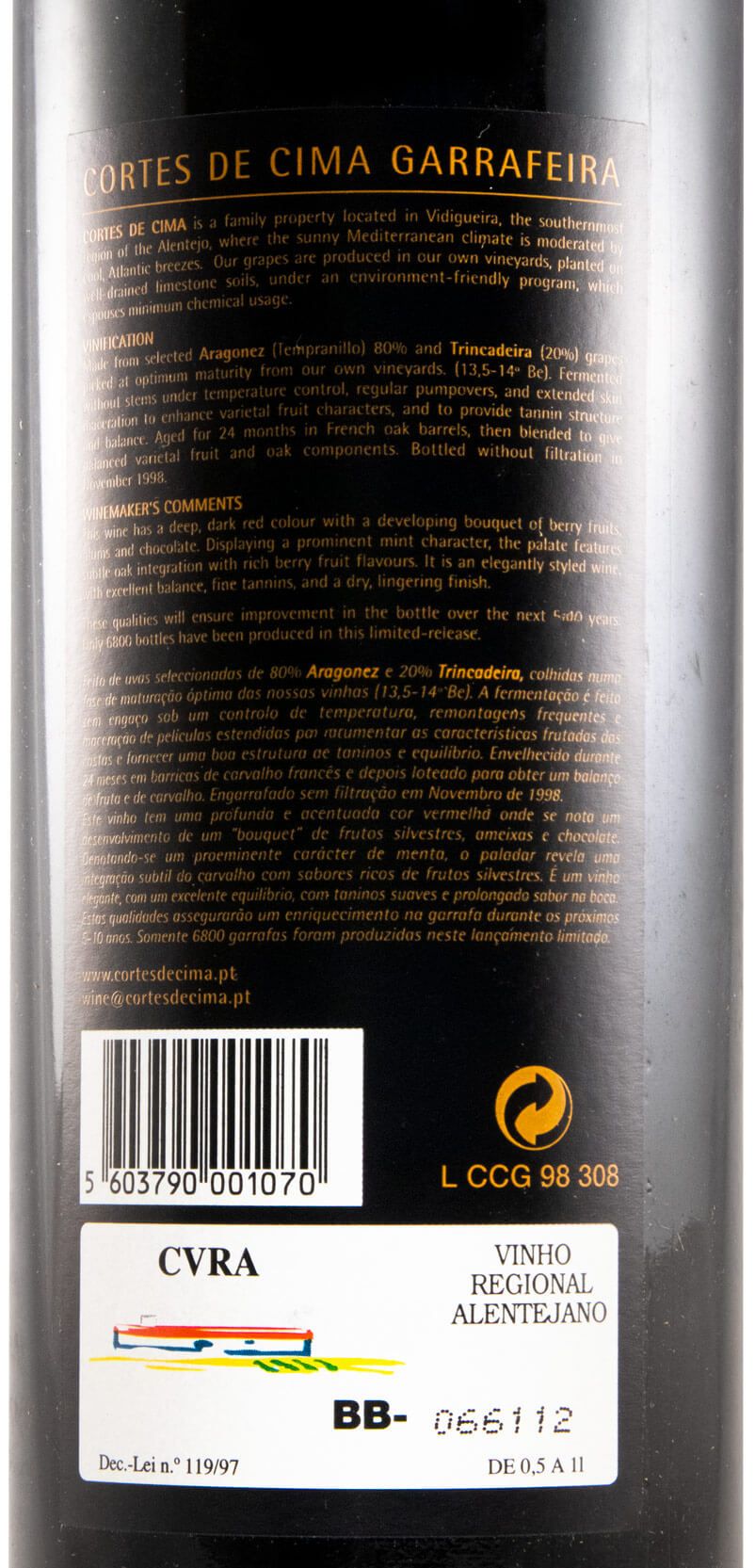 1996 Cortes de Cima Garrafeira tinto