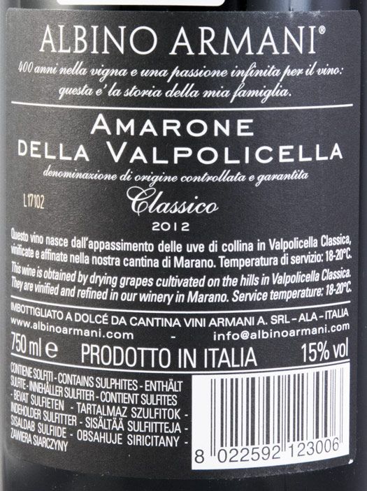 2012 Albino Armani Amarone della Valpolicella tinto