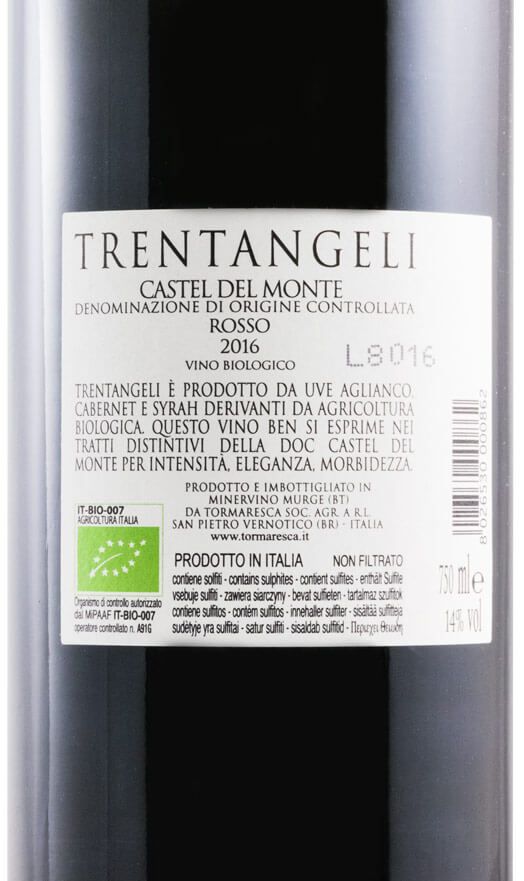 2016 Tormaresca Trentangeli Castel del Monte organic red