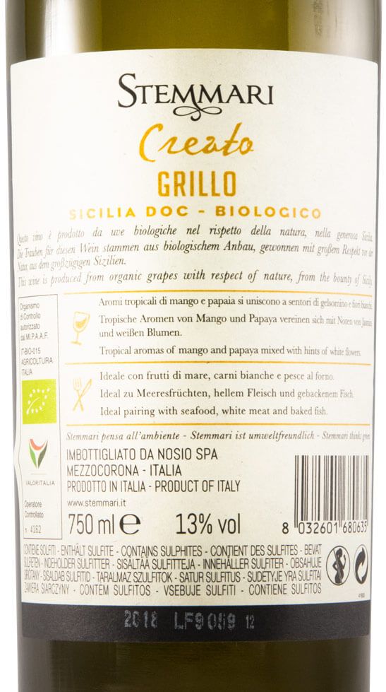 2018 Stemmari Grillo biológico branco