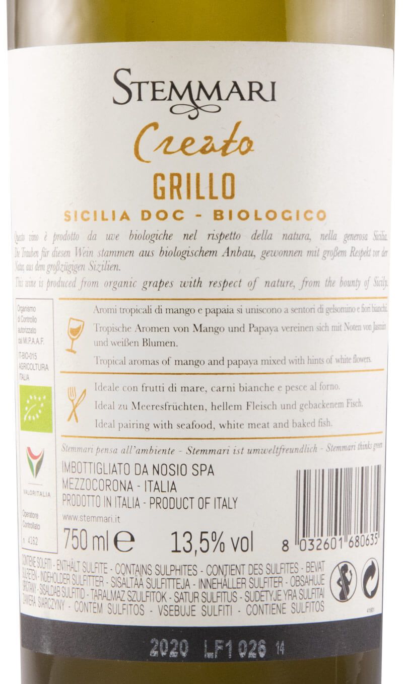 2020 Stemmari Grillo biológico branco